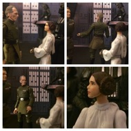 Tarkin moves proudly though the control center, gesturing dramatically. TARKIN: "Princess Leia, before your execution I would like you to be my guest at a ceremony that will make this battle station operational. No star system will dare oppose the Emperor now." Defiantly, she replies to him. LEIA: "The more you tighten your grip, Tarkin, the more star systems will slip through your fingers.” #starwars #anhwt #toyshelf